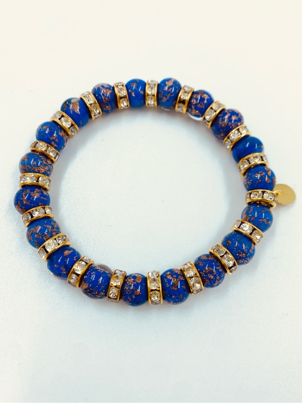 Gorgeous Murano Glass Bead Rhinestone Stretch On Bracelet Royal Blue Gold EUC - Picture 2 of 3